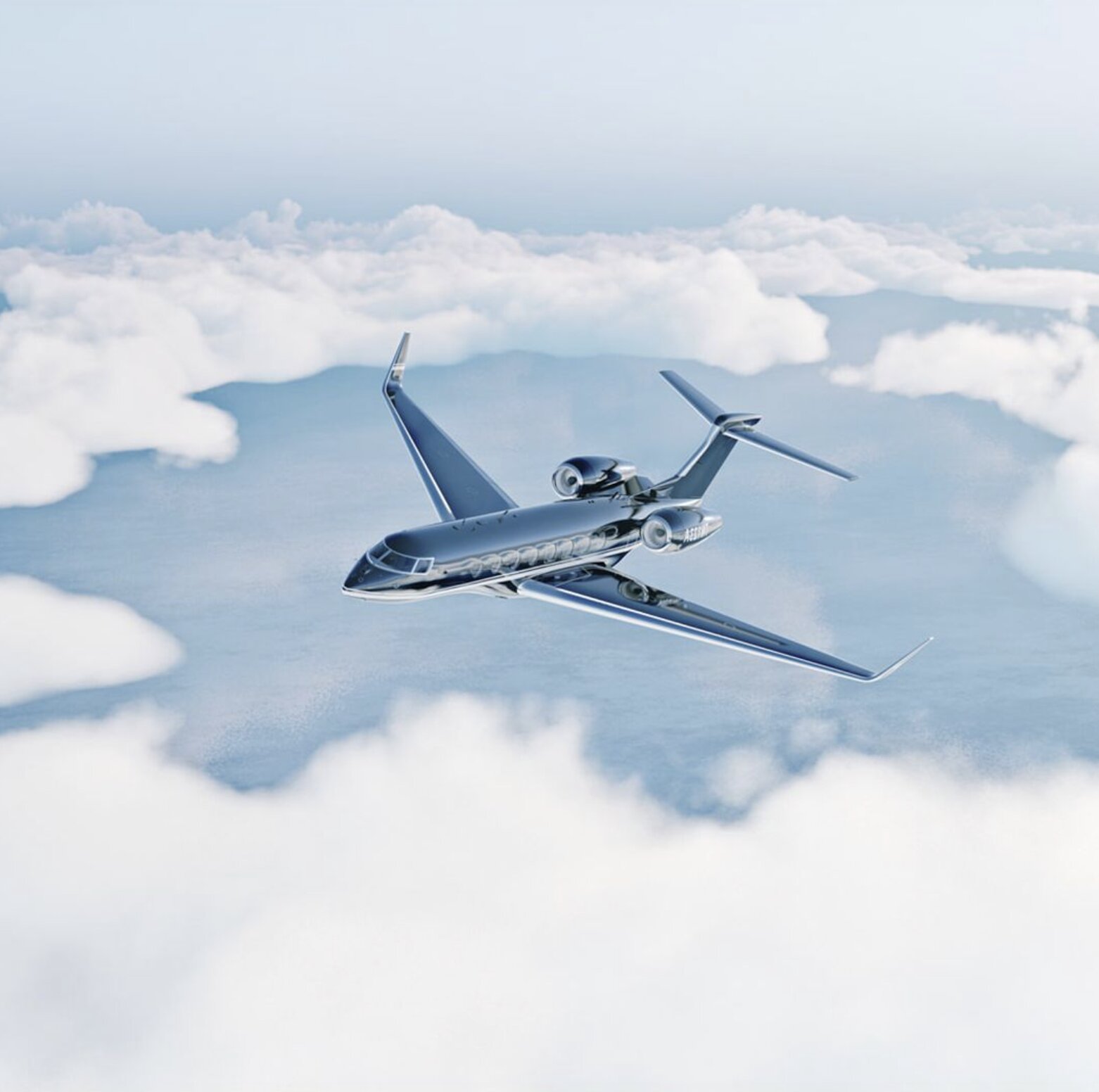 Jet privé en vol au-dessus des nuages, conciergerie aviation privée LEGACY