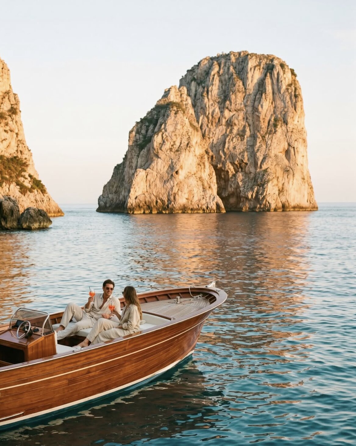 Couple en bateau bois face aux Faraglioni de Capri au crépuscule, expériences sur mesure organisées par LEGACY