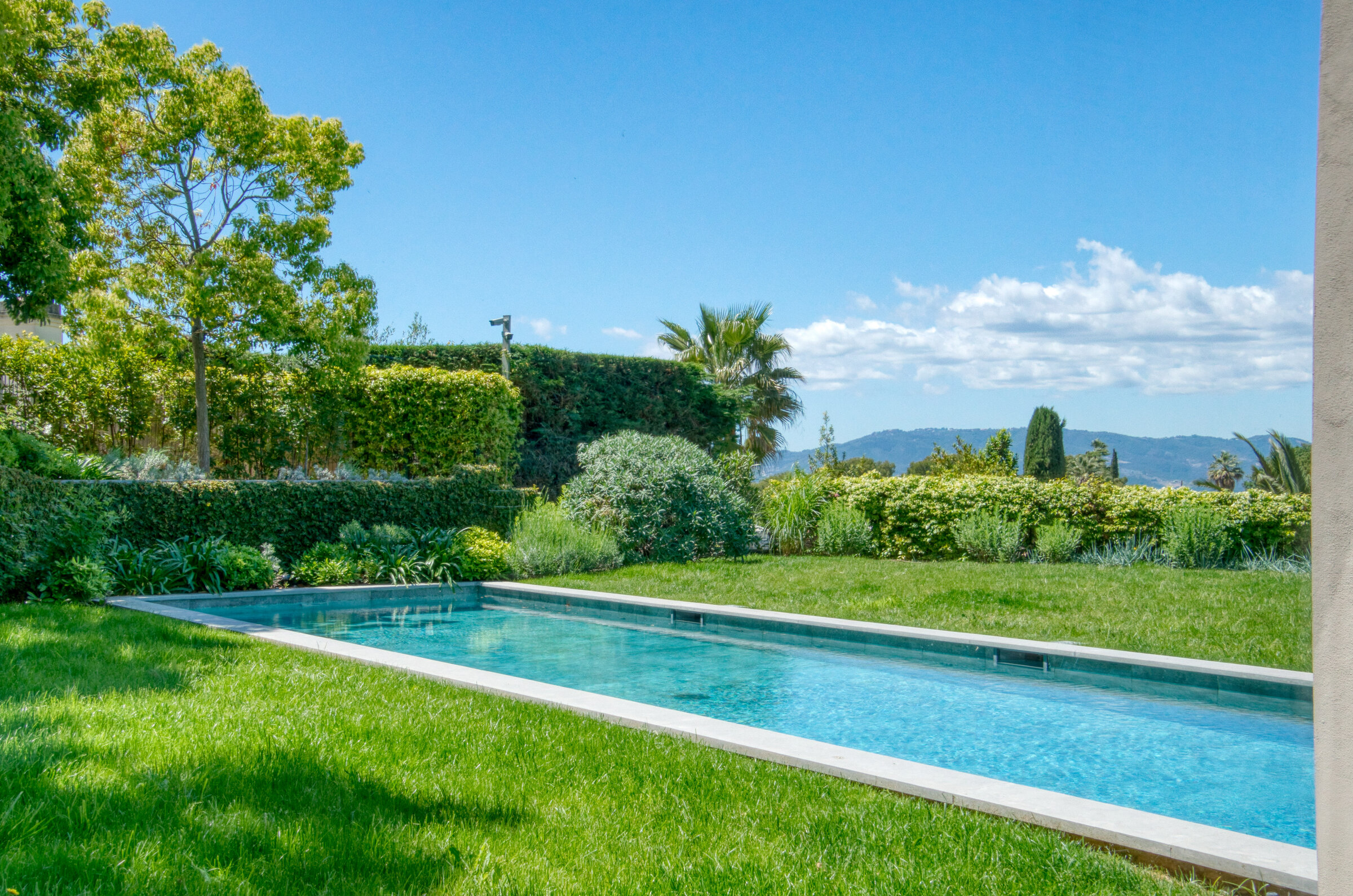 Piscine couloir bordée de topiaires dans le jardin paysager, Villa Bali Cannes